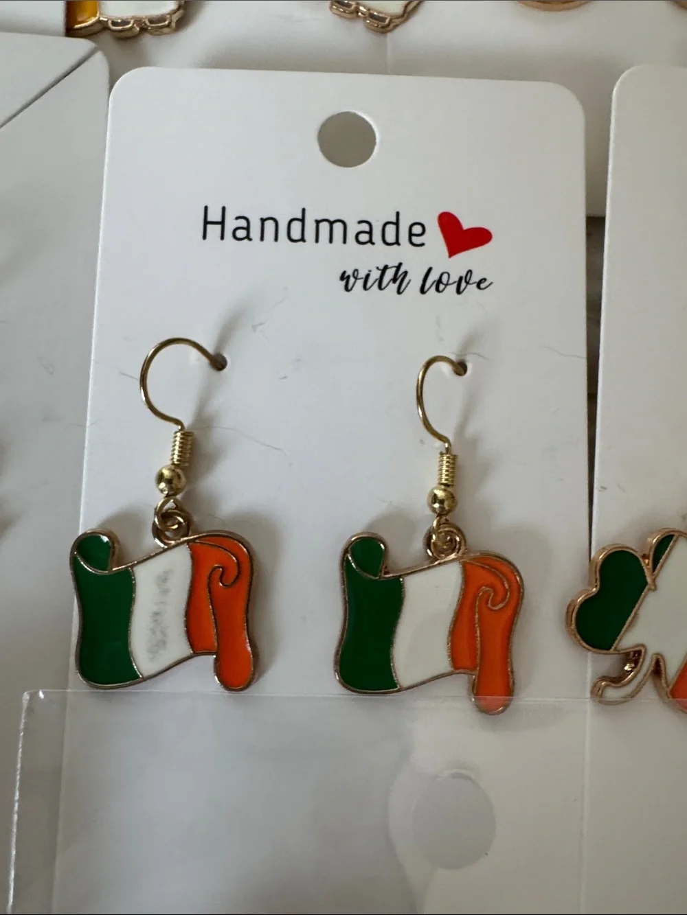 Bulk- Handmade Irish Flag & Shamrock Earrings - Green, White, Orange - Picture 6 of 10